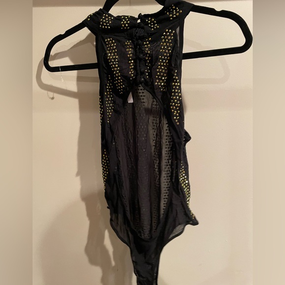 ASOS Sexy Gold Crystal Stud Mesh Black Halter Neck Backless Bodysuit - Picture 6 of 11